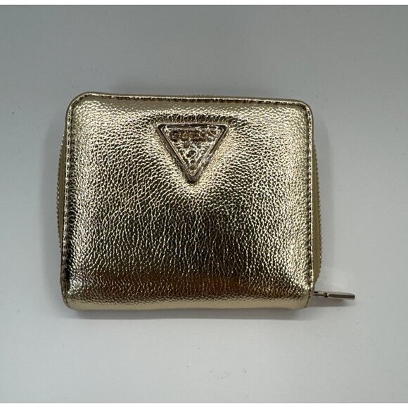GUESS Womens Small Zip Around Wallet Shinny Gold Coin Pocket Credit Card Money - Picture 1 of 12